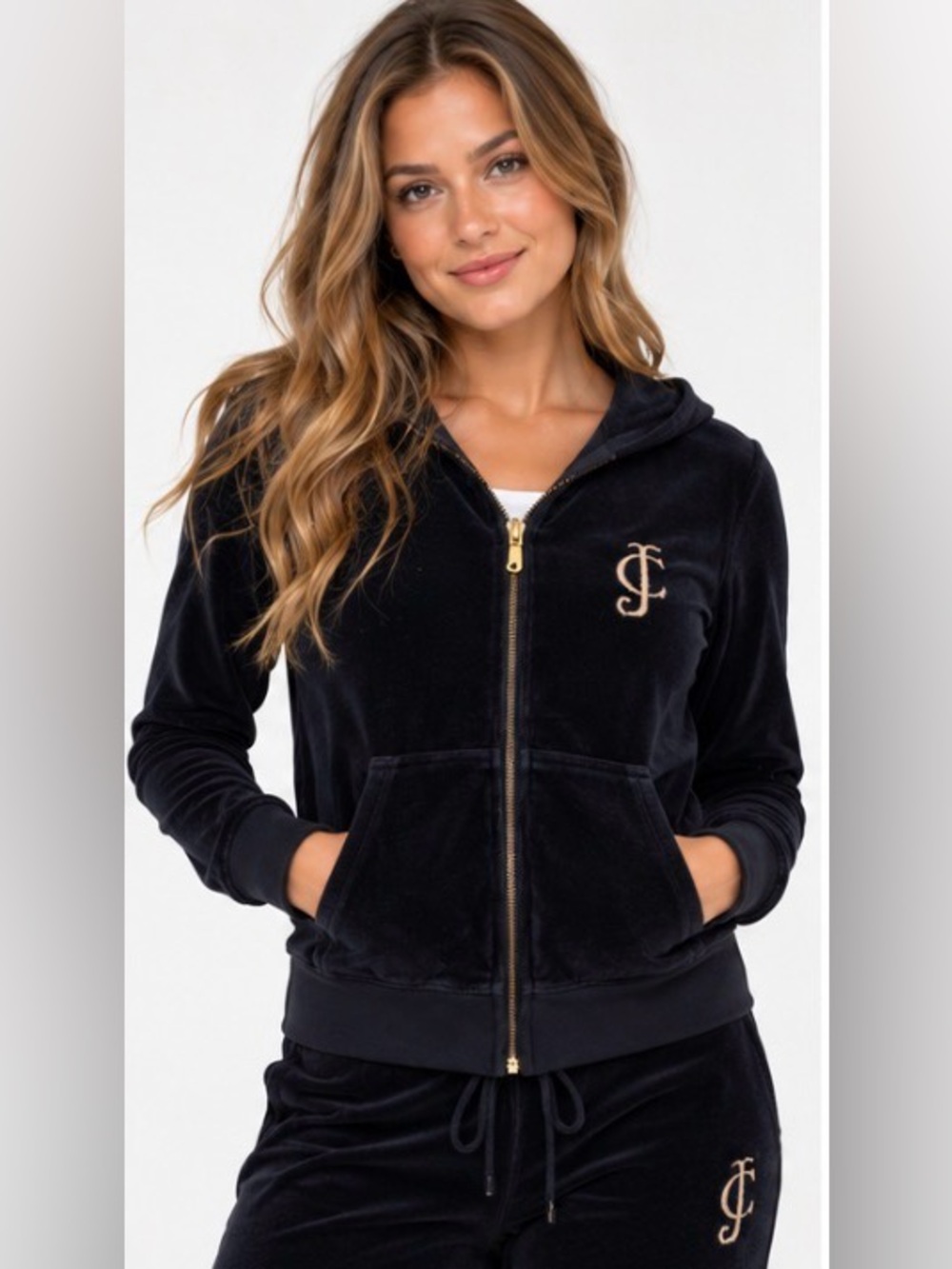 Vintage Y2K Juicy Couture Black Velour Zip Up Hoodie Small